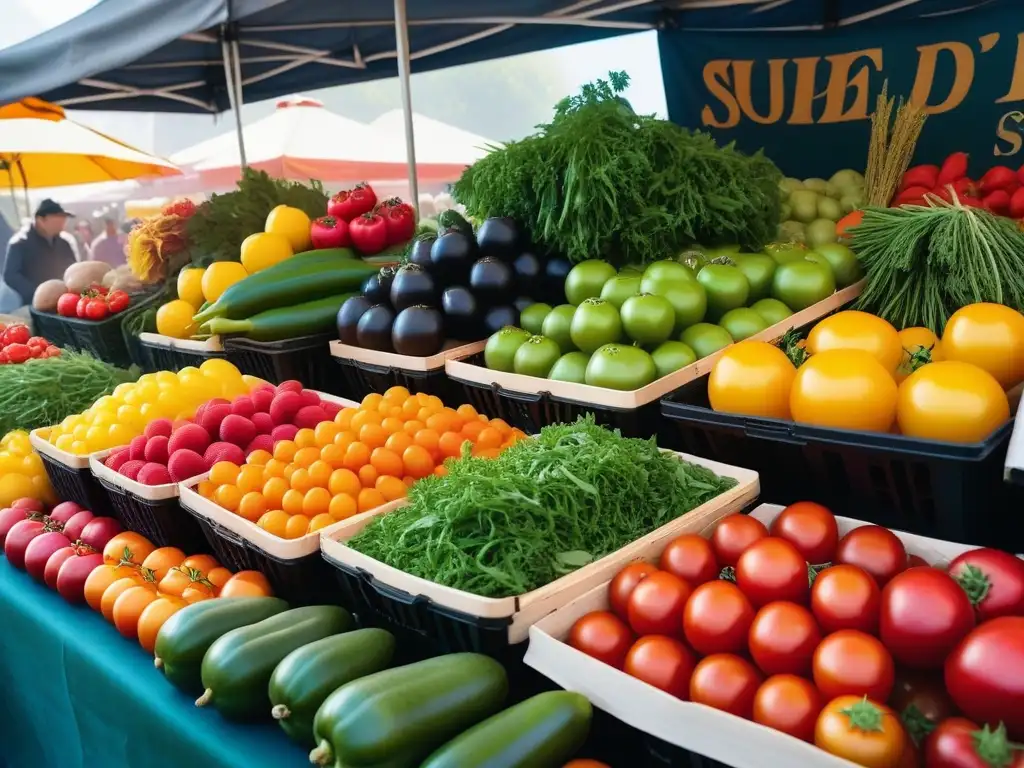 Un puesto de mercado rebosante de frutas y verduras frescas y coloridas, perfectas para recetas veganas con ingredientes de temporada