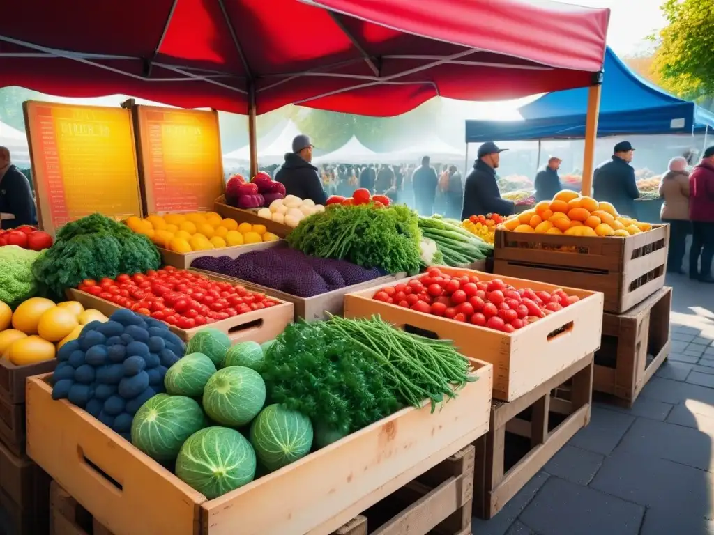 Un puesto de mercado rebosante de frutas y verduras coloridas, bañado por la luz del sol