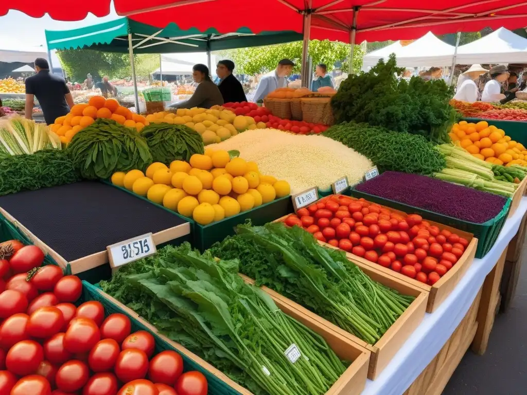 Un puesto en el mercado rebosante de frutas y verduras orgánicas frescas