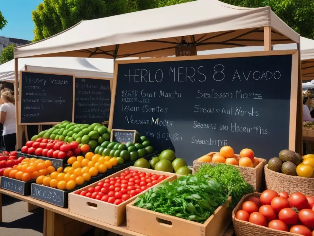 Un puesto de mercado rebosante de ingredientes veganos de temporada, con clientes seleccionando productos frescos