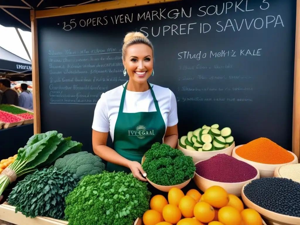 Un puesto de mercado rebosante de superalimentos veganos frescos y coloridos, con un vendedor sonriente y carteles elegantes