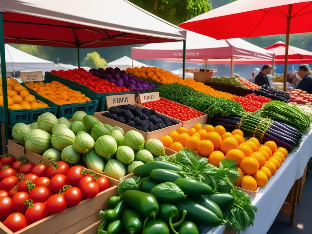 Un puesto de mercado rebosante de vegetales y frutas orgánicas frescas bajo la luz del sol