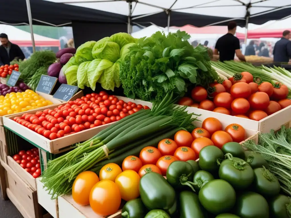 Mercado de agricultores: verduras frescas y coloridas Un puesto de mercado rebosante de vegetales de temporada locales: tomates maduros, lechugas crujientes, pimientos brillantes y hierbas frescas