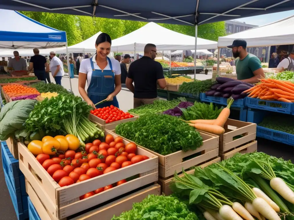 Mercado campesino: colores y frescura de la huerta local Un puesto de mercado rebosante de verduras locales de temporada, con colores vibrantes y frescura abundante
