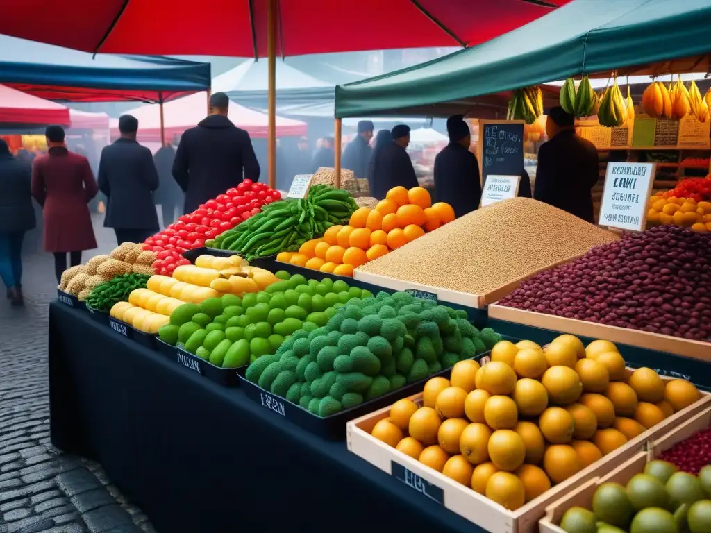 Un puesto de mercado vegano con frutas y verduras frescas, colores vibrantes y originales, en un ambiente local y acogedor