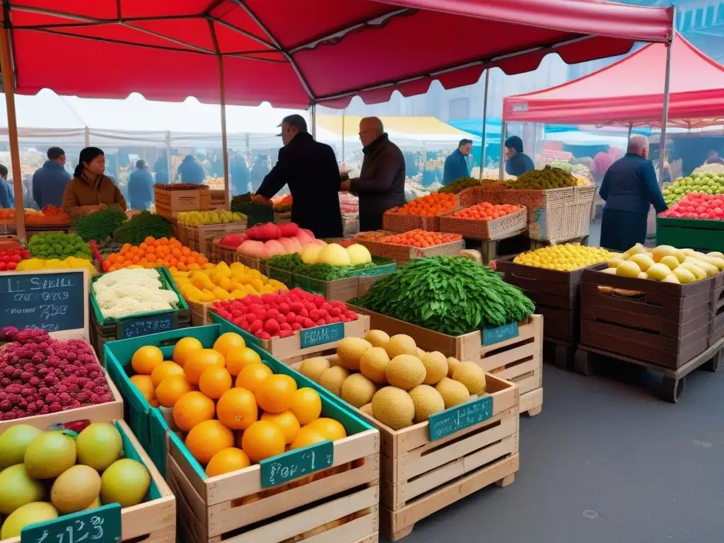 Un puesto de mercado vibrante y colorido, lleno de frutas, verduras y granos orgánicos