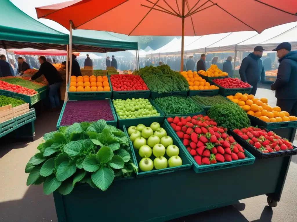 Un puesto de mercado vibrante con los mejores productos veganos críticas: frutas y verduras frescas y coloridas bajo la cálida luz del sol