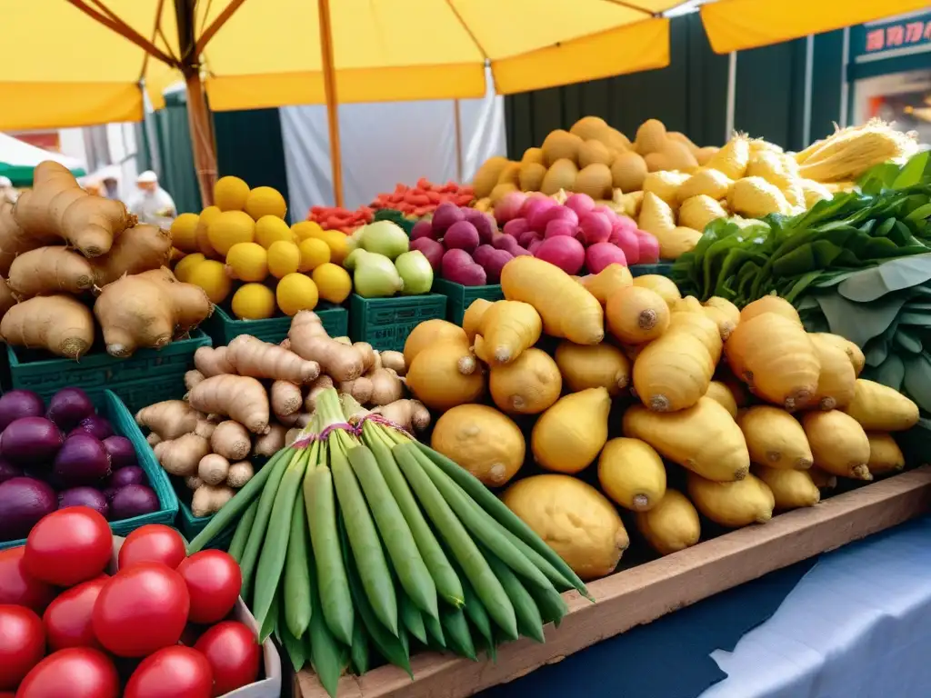 Un puesto de mercado vibrante con jengibre orgánico rodeado de frutas y verduras, resaltando frescura para veganos