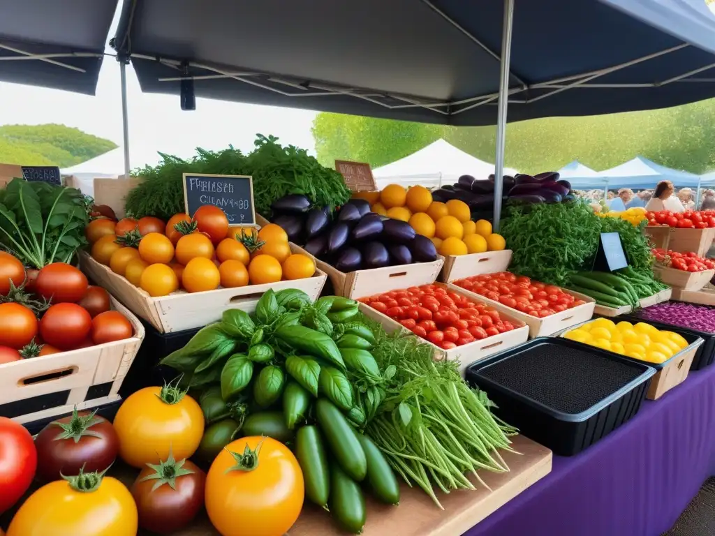 Un puesto de mercado vibrante rebosante de productos orgánicos coloridos como tomates, acelgas, berenjenas y hierbas frescas, iluminado por el sol