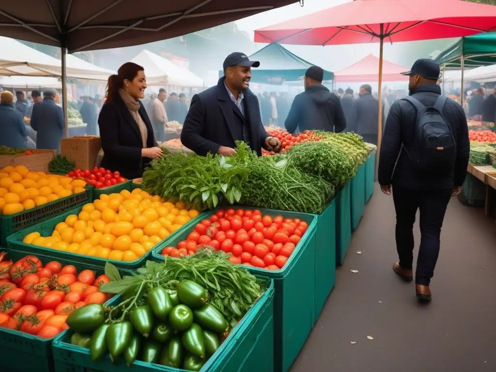 Un puesto de mercado vibrante repleto de ingredientes veganos de temporada