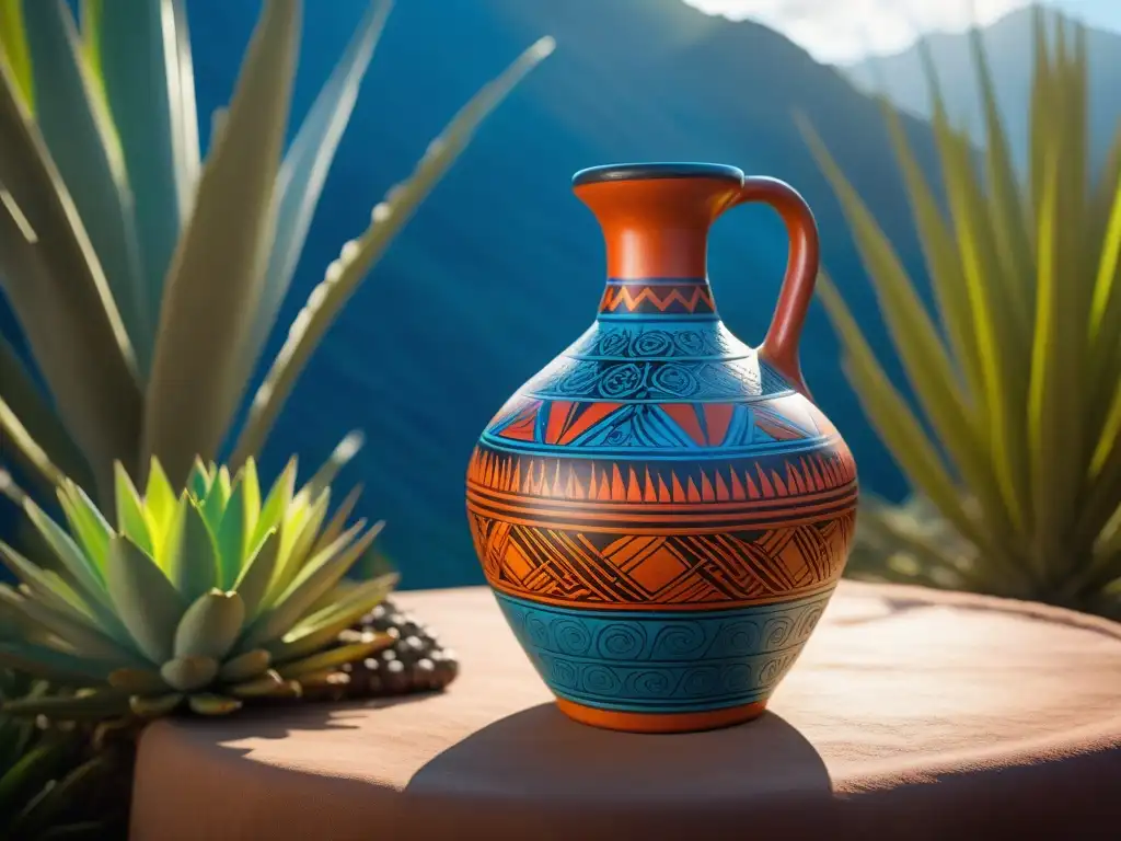 Jícara de pulque: arte prehispánico y tradición mexicana Jícara de pulque con diseños prehispánicos sobre plantas de agave, un icono de las bebidas fermentadas veganas Latinoamérica