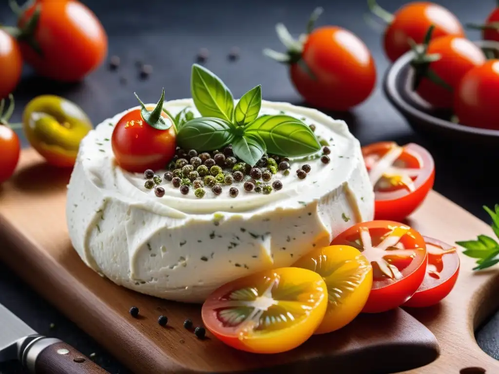 Queso crema vegano variedades en tabla de madera rústica con tomates cherry y hierbas frescas