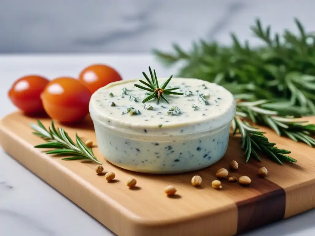 Queso Roquefort Vegano Receta: Delicioso queso vegano con aspecto marmóreo azulverde, miel dorada y romero fresco en tabla de madera