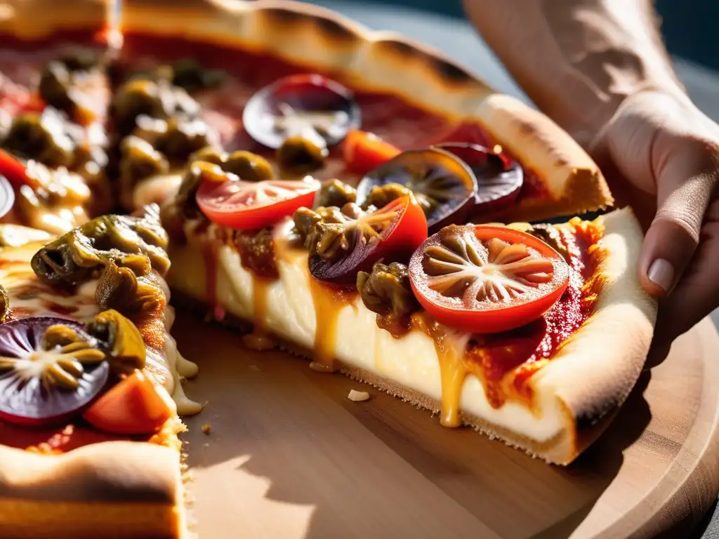 Queso vegano dorado derretido estirándose sobre pizza recién horneada, irresistible indulgencia