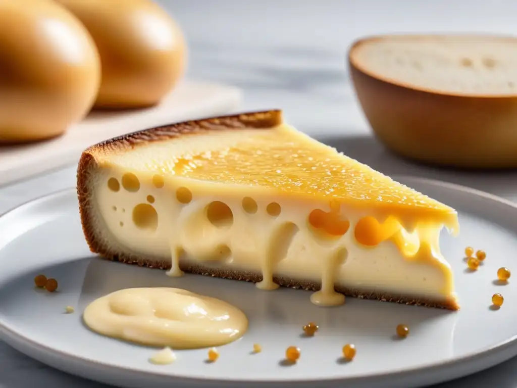 Un queso vegano dorado y fundido sobre una rebanada de pan tostado, con burbujas y brillo, en un entorno de cocina moderna