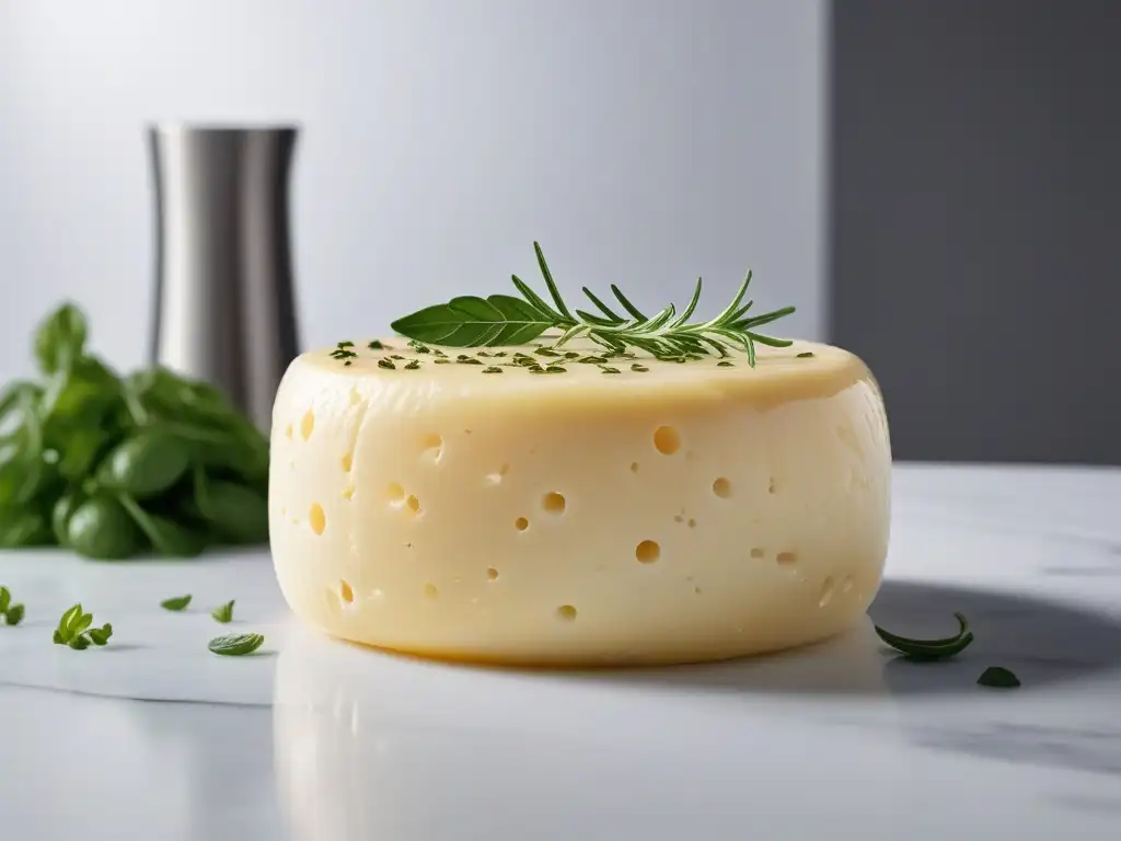 Queso vegano estirado en delicados remolinos, textura fundente bajo luz natural en cocina minimalista