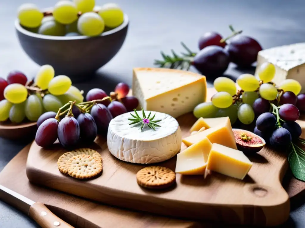 Quesos veganos europeos caseros en una tabla de madera con frutas, flores y crackers artesanales en una cocina rústica con luz natural