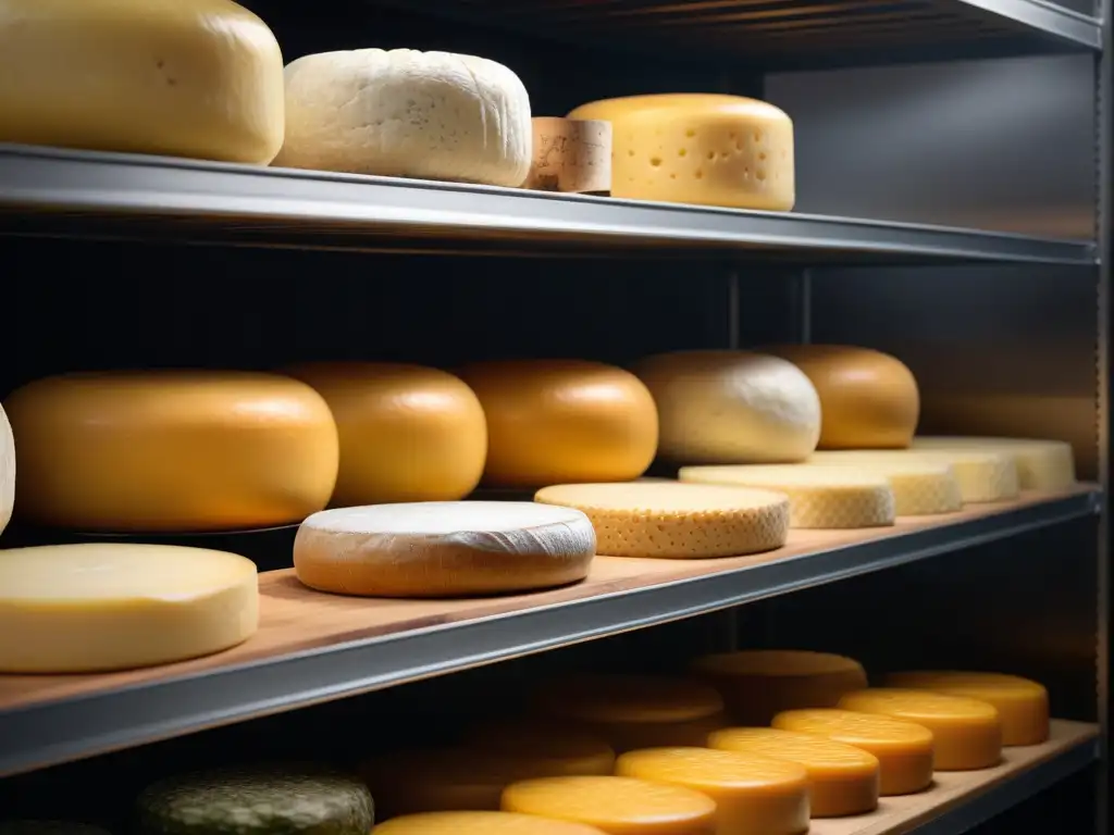 Quesos veganos fermentados sin lácteos envejeciendo en estantes de madera en una moderna fábrica de quesos