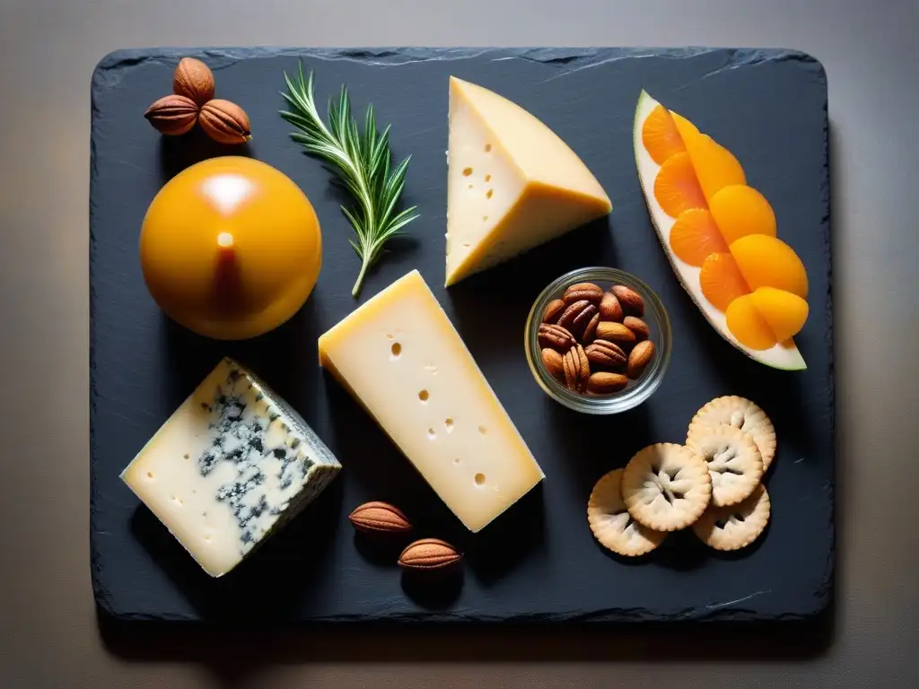 Quesos veganos fermentados sin lácteos en una tabla de pizarra elegante con frutas, nueces y galletas artesanales