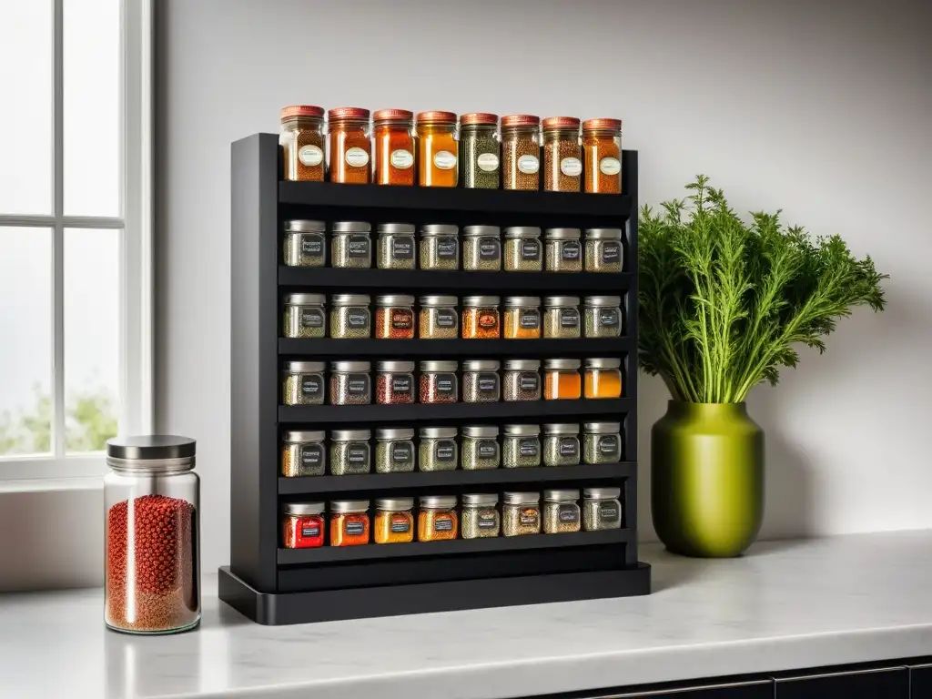 Spice rack moderno con especias exóticas en cocina minimalista, ideal para recetas veganas con especias exóticas