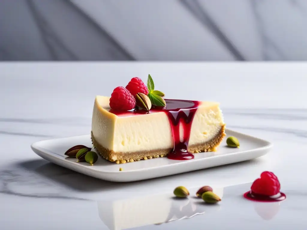 Una rebanada de tarta de queso vegana fácil con coulis de frambuesa y pistachos triturados sobre tabla de mármol
