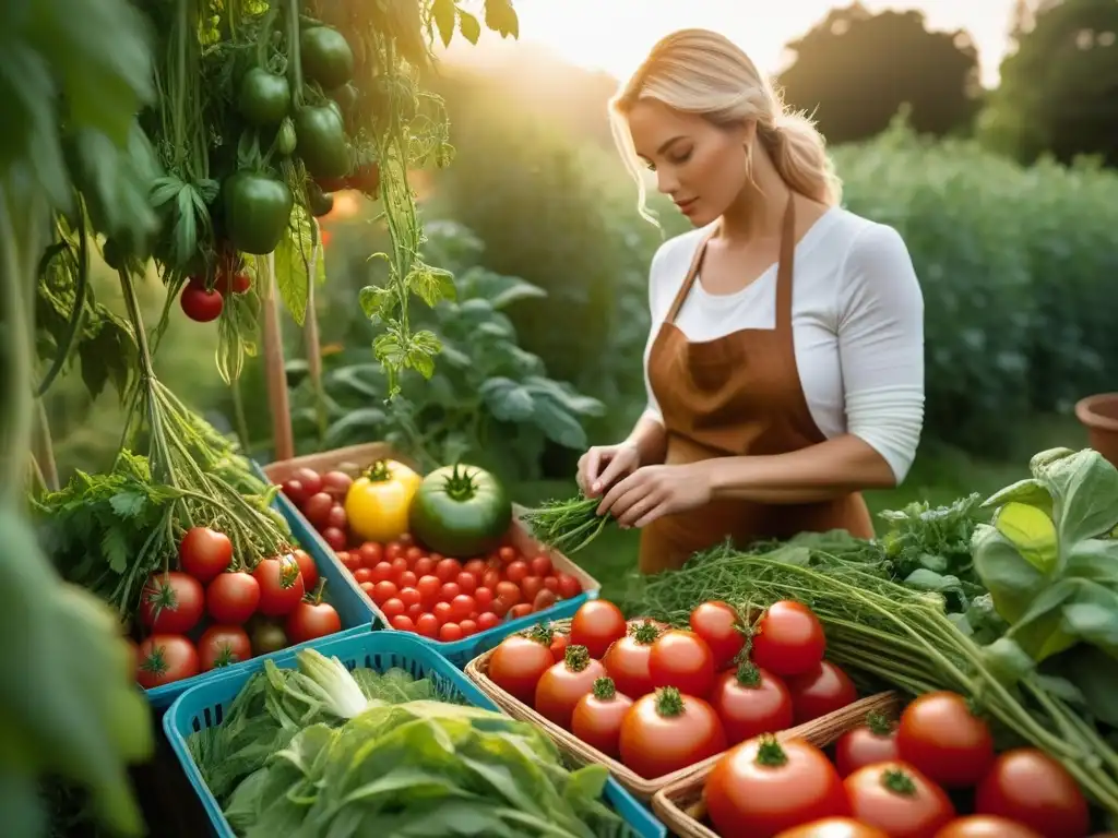 Un jardín rebosante de verduras frescas bañadas por la luz dorada del sol