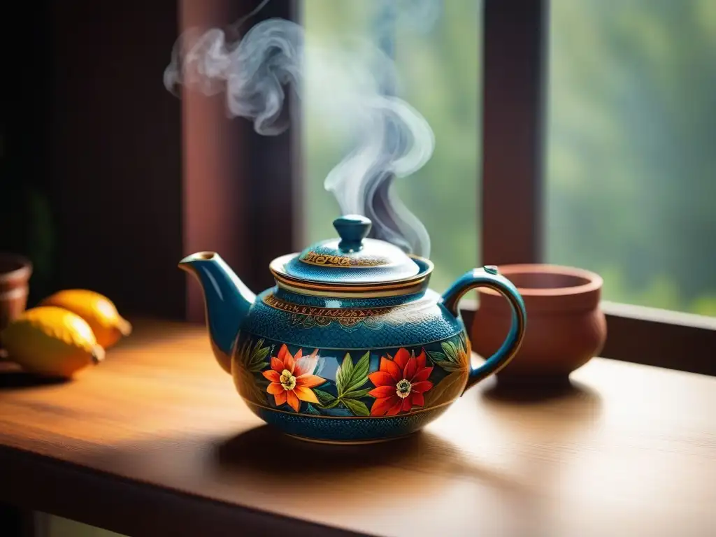 Receta auténtico chai vegano India: Teapot de cerámica con flores y especias coloridas en mesa rustica, iluminada por luz cálida