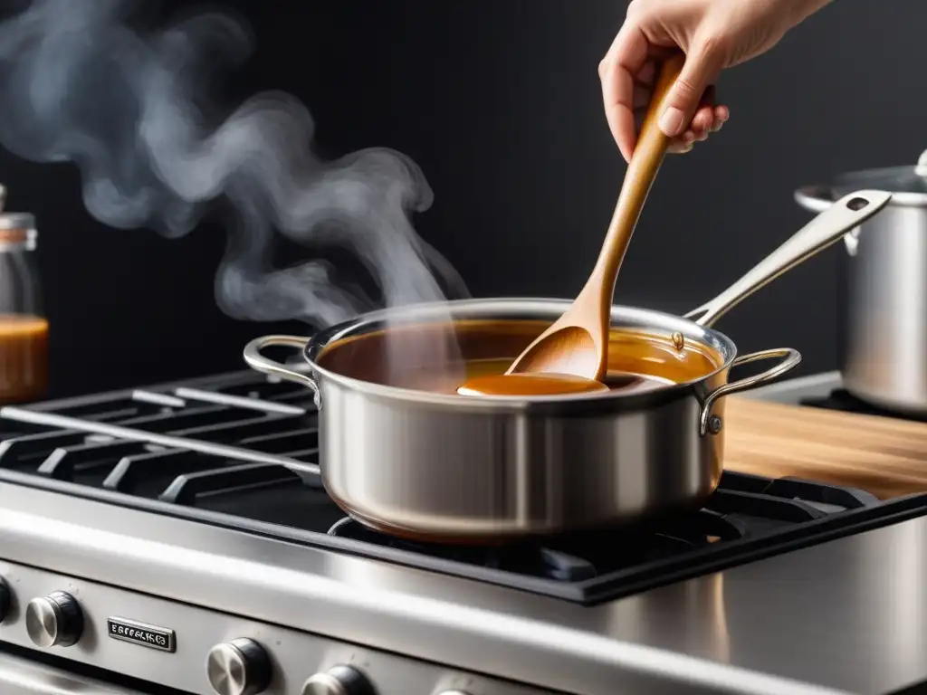 Preparando receta caramelos veganos caseros: mano removiendo caramelo dorado en estufa moderna