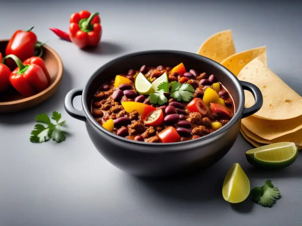 Receta chili con carne vegano: Bowl de chili vegano humeante con ingredientes vibrantes y coloridos en una cocina moderna