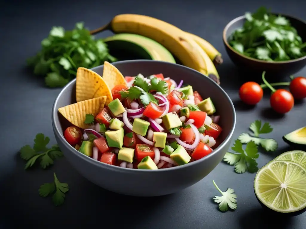 Receta de ceviche vegano sin pescado en un elegante cuenco moderno sobre encimera de mármol