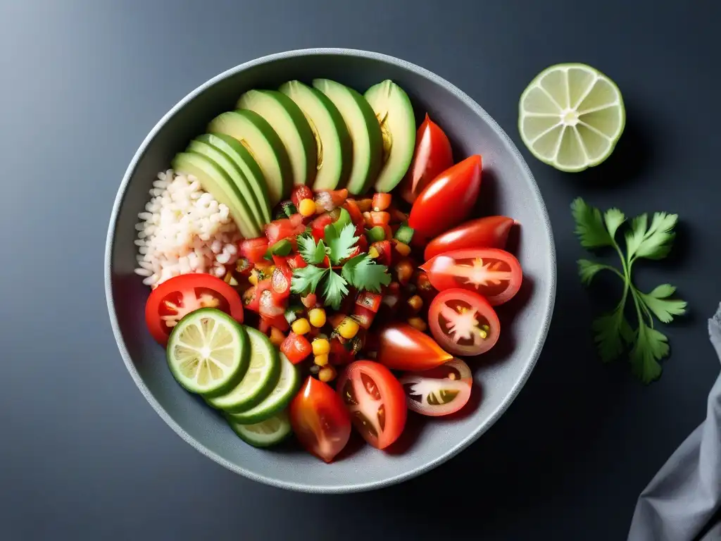 Receta ceviche vegano sin pescado: Bol colorido con vegetales frescos en una encimera de mármol, listos para preparar un delicioso ceviche