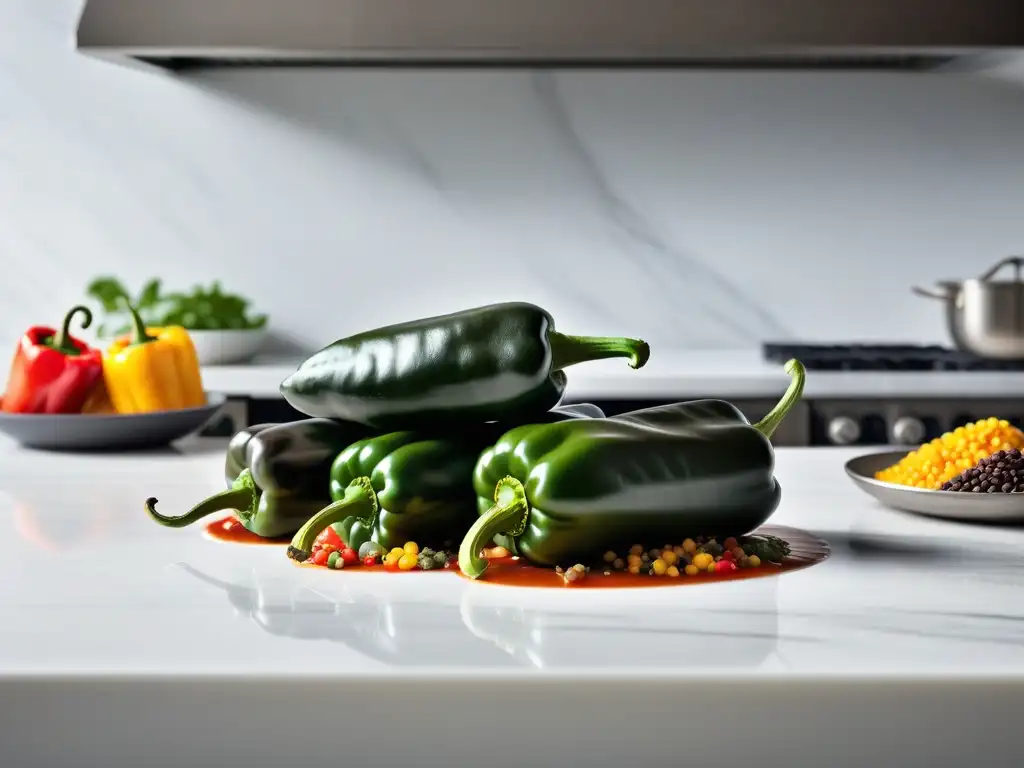 Receta chiles rellenos vegana: Coloridos chiles poblanos rellenos con ingredientes vegetales en una cocina moderna