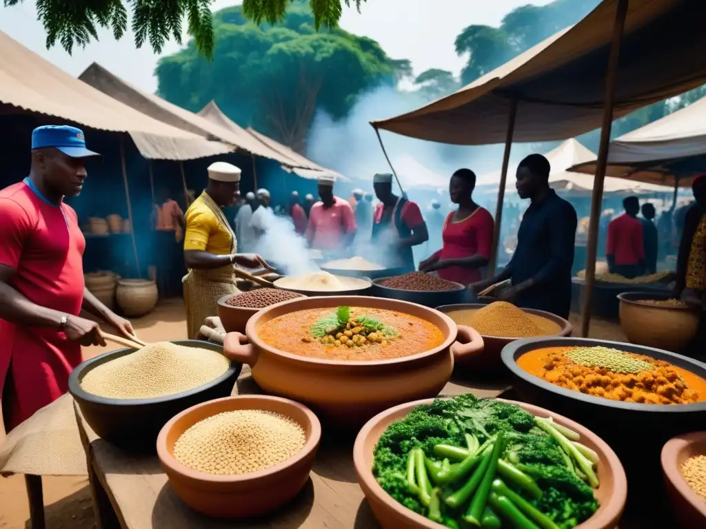 Receta egusi vegano fácil: Egusi vegano en ollas africanas, verduras frescas y maní triturado en mercado animado de Nigeria