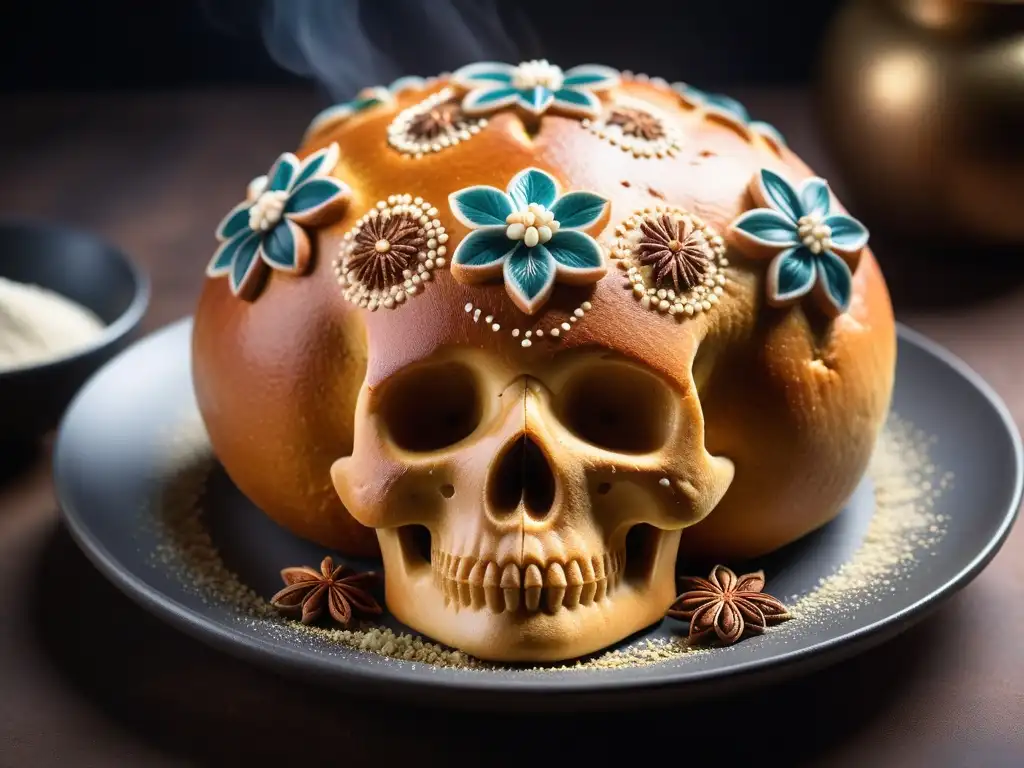 Receta pan de muerto vegano: Detalle de un exquisito pan recién horneado con decoraciones florales y calaveras, en una placa moderna