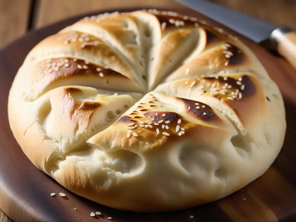 Receta pan de pita vegano recién horneado en tabla de madera, dorado y esponjoso, con harina espolvoreada y luz solar