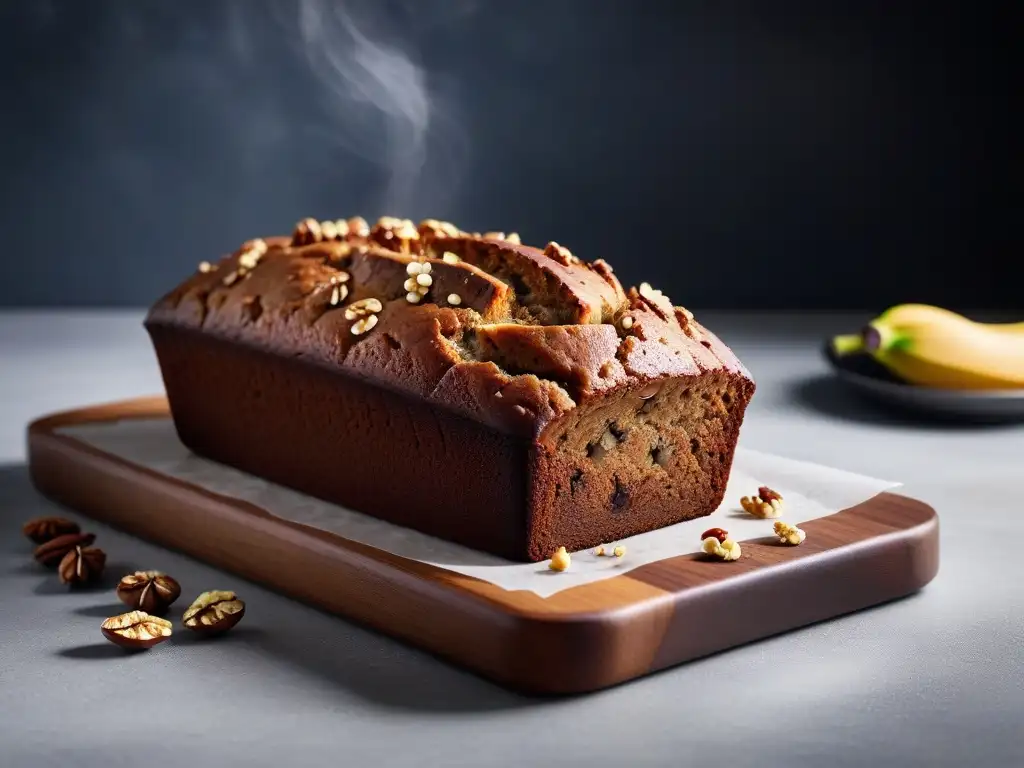Receta pan plátano vegano: Delicioso pan recién horneado con plátanos maduros, nueces y azúcar glas