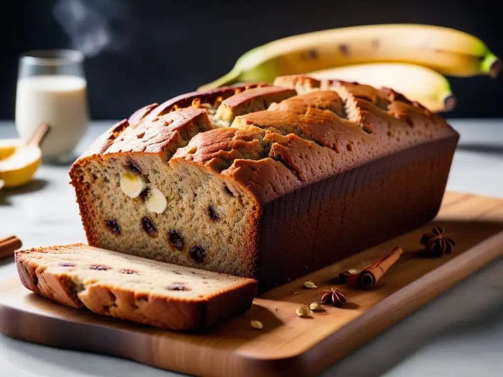 Receta pan plátano vegano: Delicioso banana bread recién horneado con crujiente costra dorada y aroma irresistible