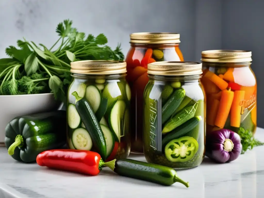 Preparando receta pickles caseros veganos ácidos con vegetales frescos y coloridos en una elegante encimera de mármol