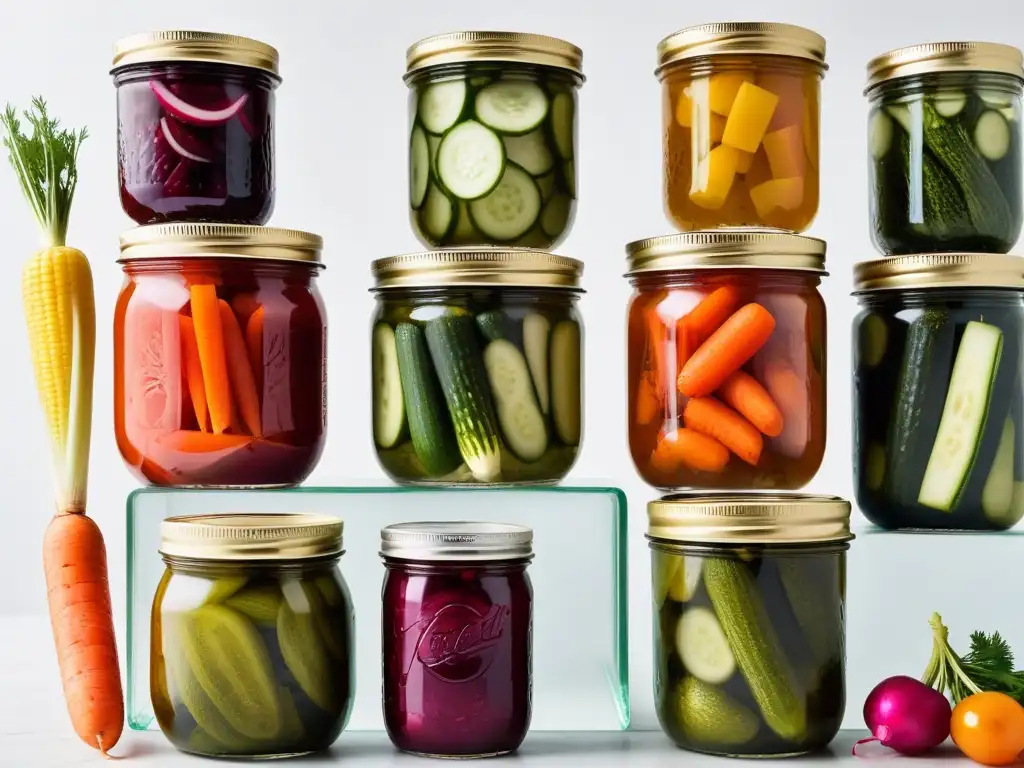 Receta pickles vegetales fermentados caseros: variedad de colores y sabores en tarros de vidrio