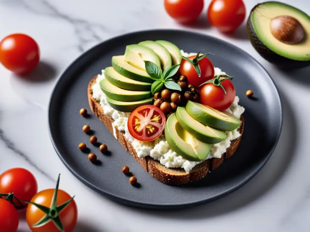 Receta de queso cottage vegano en tostada integral con aguacate, tomates y pimienta negra sobre tabla de mármol