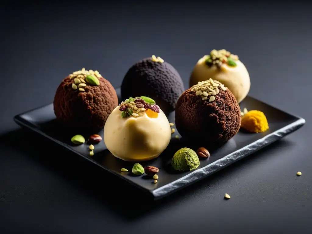 Receta trufas veganas europeas: exquisitas esferas adornadas con pistachos, oro comestible y frutas secas, sobre elegante plato negro