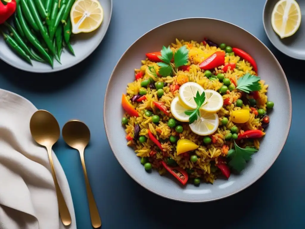 Receta vegana ligera para una cena nutritiva: paella con arroz de azafrán, vegetales frescos y limón en vajilla moderna sobre fondo minimalista