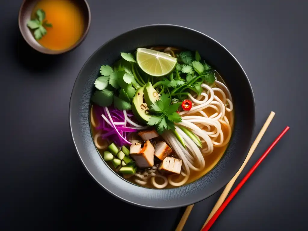 Receta vegana sudeste asiático: Pho vietnamita vegano con hierbas frescas y verduras sobre caldo aromático