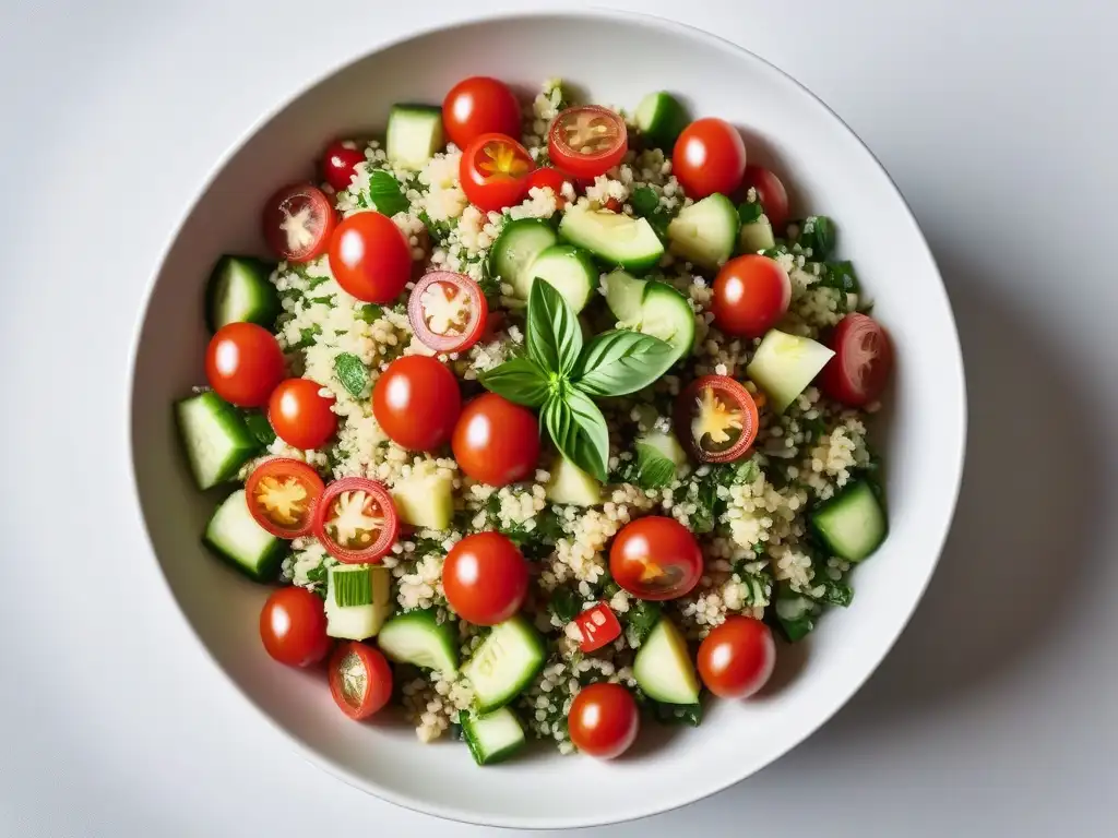 Receta de tabulé vegano saludable con ingredientes frescos y coloridos en un tazón blanco