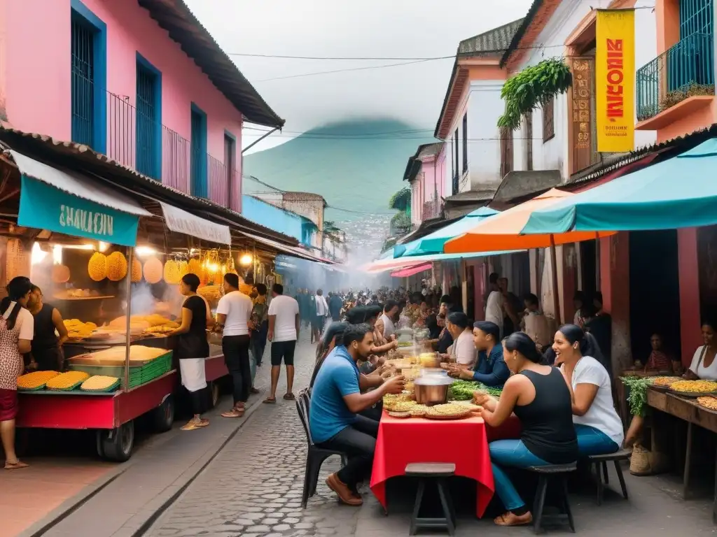 Recetas de comida callejera vegana latina en un bullicioso mercado callejero