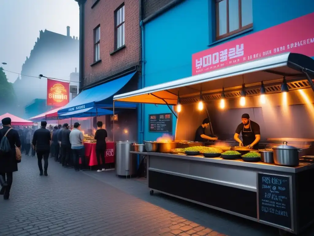 Recetas comida callejera vegana caseras: Mercado callejero animado con platos veganos coloridos y chefs expertos cocinando en parrillas abiertas