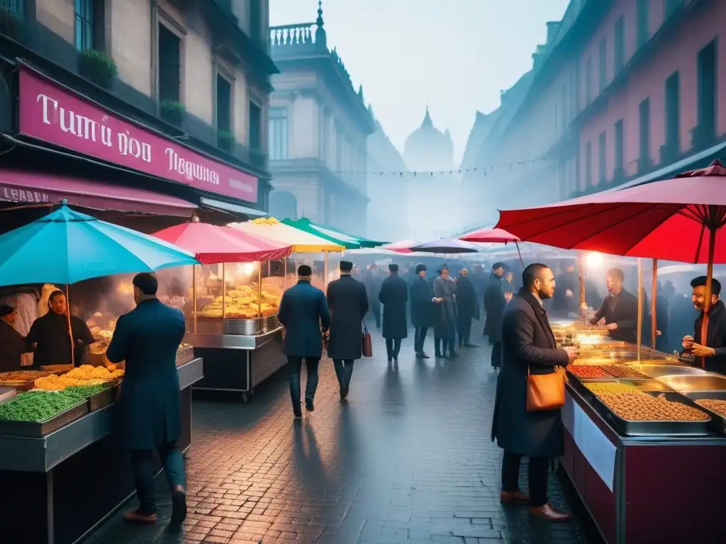 Recetas comida callejera vegana caseras: Un mercado callejero bullicioso con puestos de comida veganos coloridos y variados