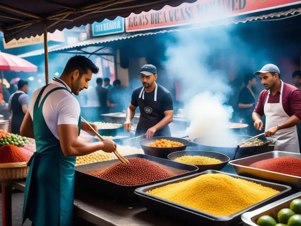 Recetas comida callejera vegana latina en bullicioso mercado callejero