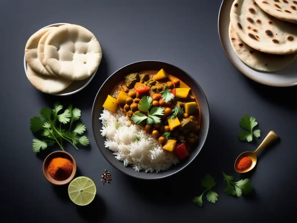 Adaptar recetas tradicionales indias veganas: Plato vibrante de curry de verduras con arroz basmati y pan naan vegano