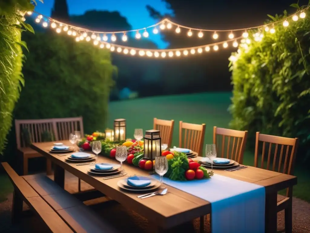 Recetas veganas en una cena de verano bajo las estrellas, rodeada de vegetación y luces de hadas